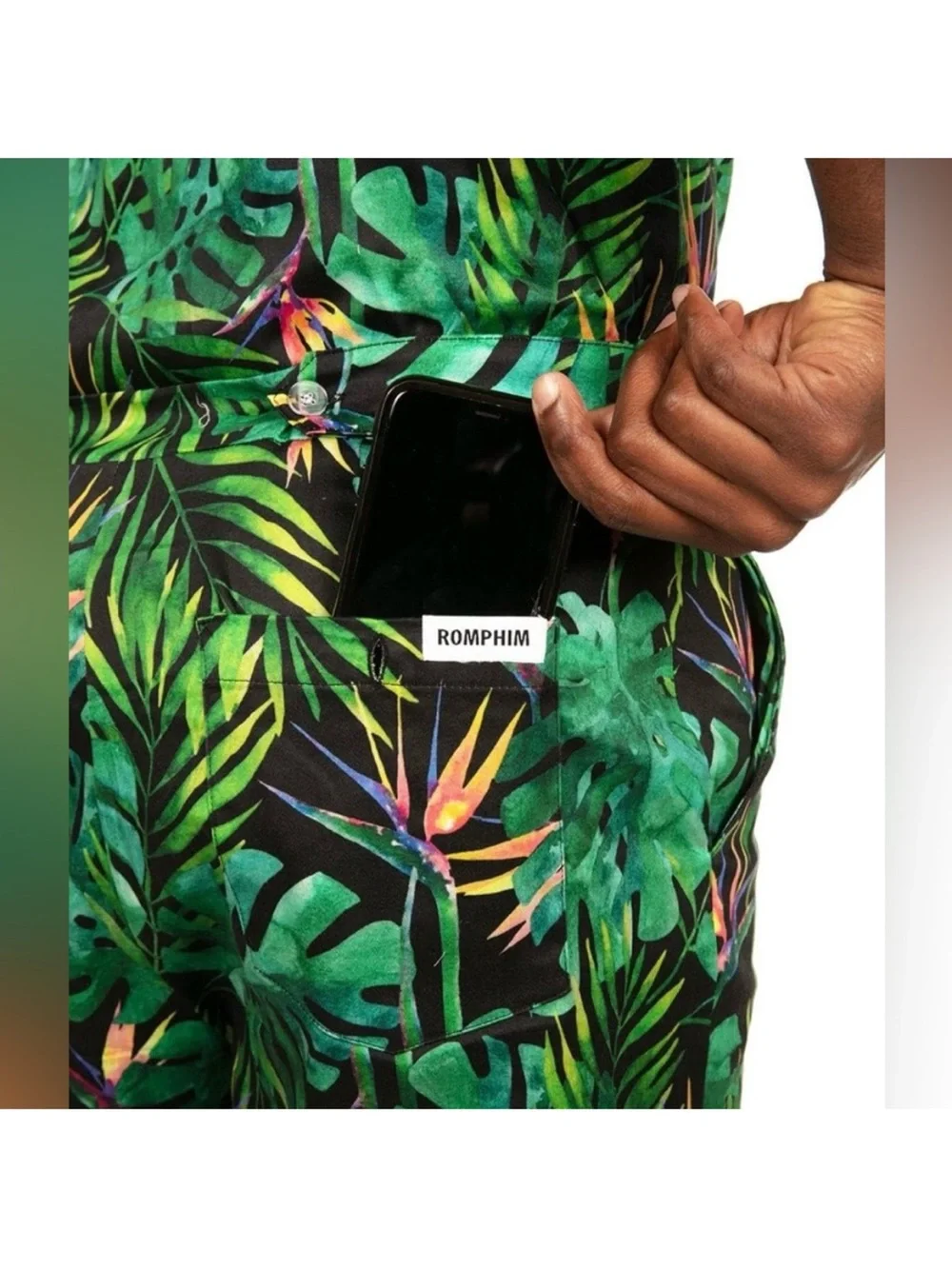 NWT Romphim Jungle Themed Men’s Romper Shorts Button Up Green Size Small